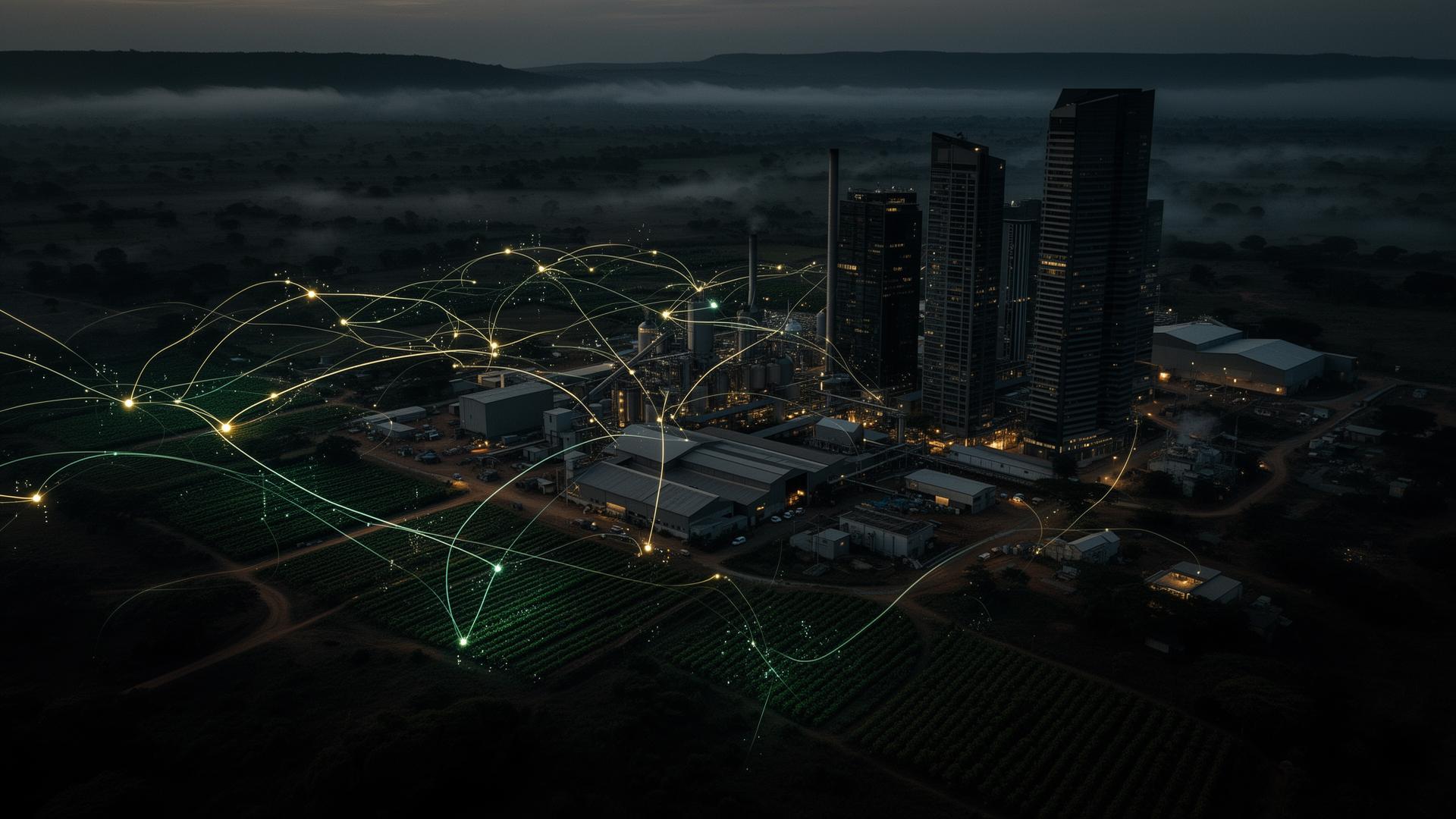 African industrial network at dusk — factories, agriculture and infrastructure